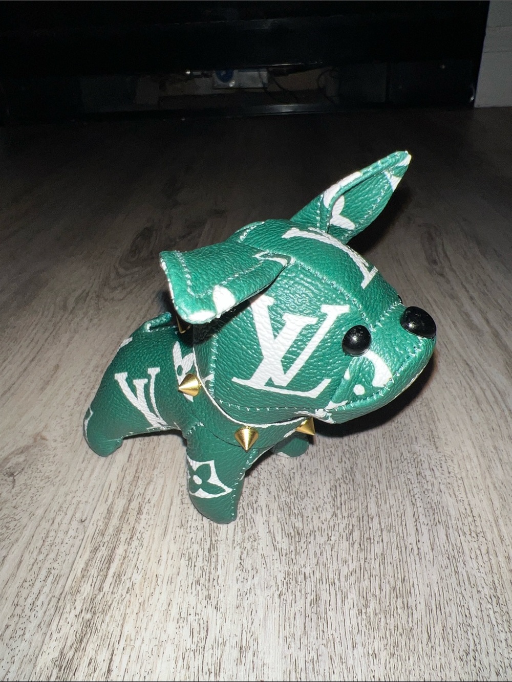 Green & White Monogram Dog Keychain with Gold Hardware